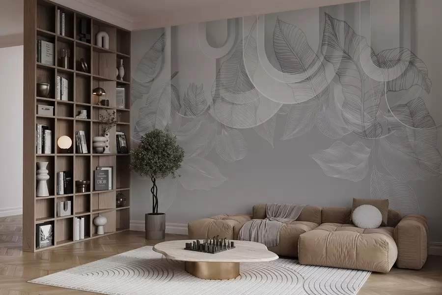 Fototapetes Abstraktais fons ar pelēkām arkām un baltām tropu lapām, minimālisma dizains, elegants un moderns, neitrāla krāsu palete w09138