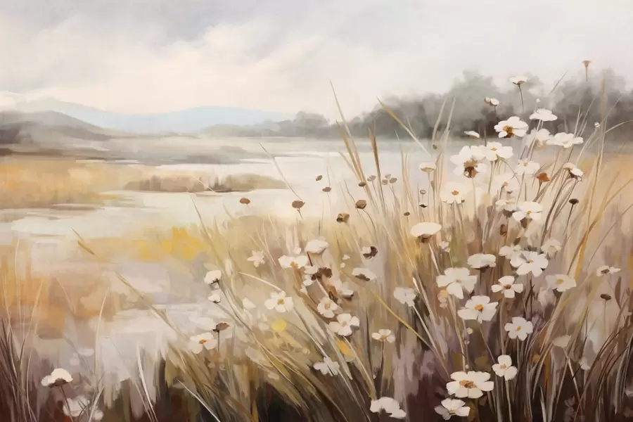 Fototapetes Augstas zāles un baltu margrietiņu lauks, koki fonā, zem mākoņainām debesīm, teksturēta ainava, maigi triepieni ar otu w09139