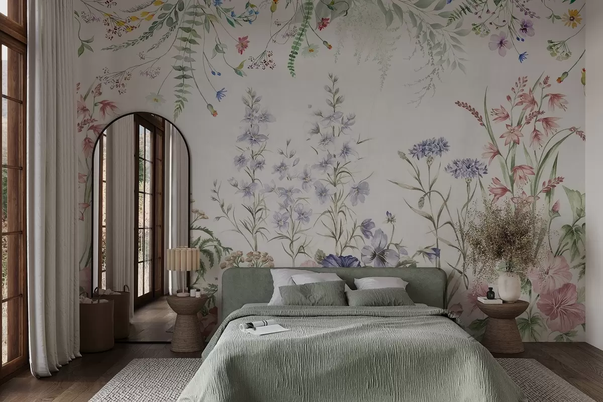 Fototapetes Ziedu tekstūras kompozīcija ar krāsainiem ziediem un zaļām lapām, botāniska ilustrācija , maigas pasteļtoņi, vintage stils w09143