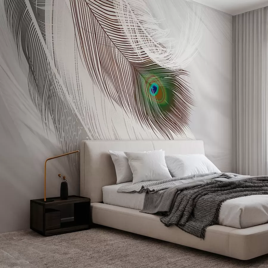 Fototapetes liela pāvu spalva starp spalvām w03961