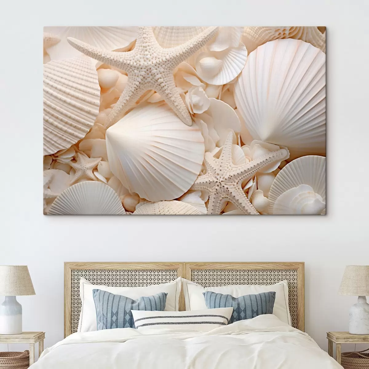 Glezna Dekoratīvas baltas gliemežvāki un jūraszvaigznes, kas veido fakturētu vienkrāsainu kompozīciju s44392