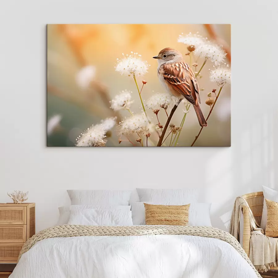 Glezna Putns, kas sēž uz zara ar baltiem ziediem, mīksts fokuss, dabas fons s44393