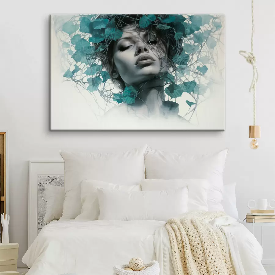 Glezna Sievietes portrets ar aizvērtām acīm, zaļu lapu un zaru ieskauts s44399