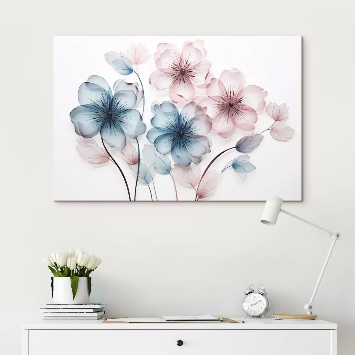 Glezna Caurspīdīgi, piesātināti rozā un zili ziedi ar redzamiem kociņiem un kātiņiem s44405