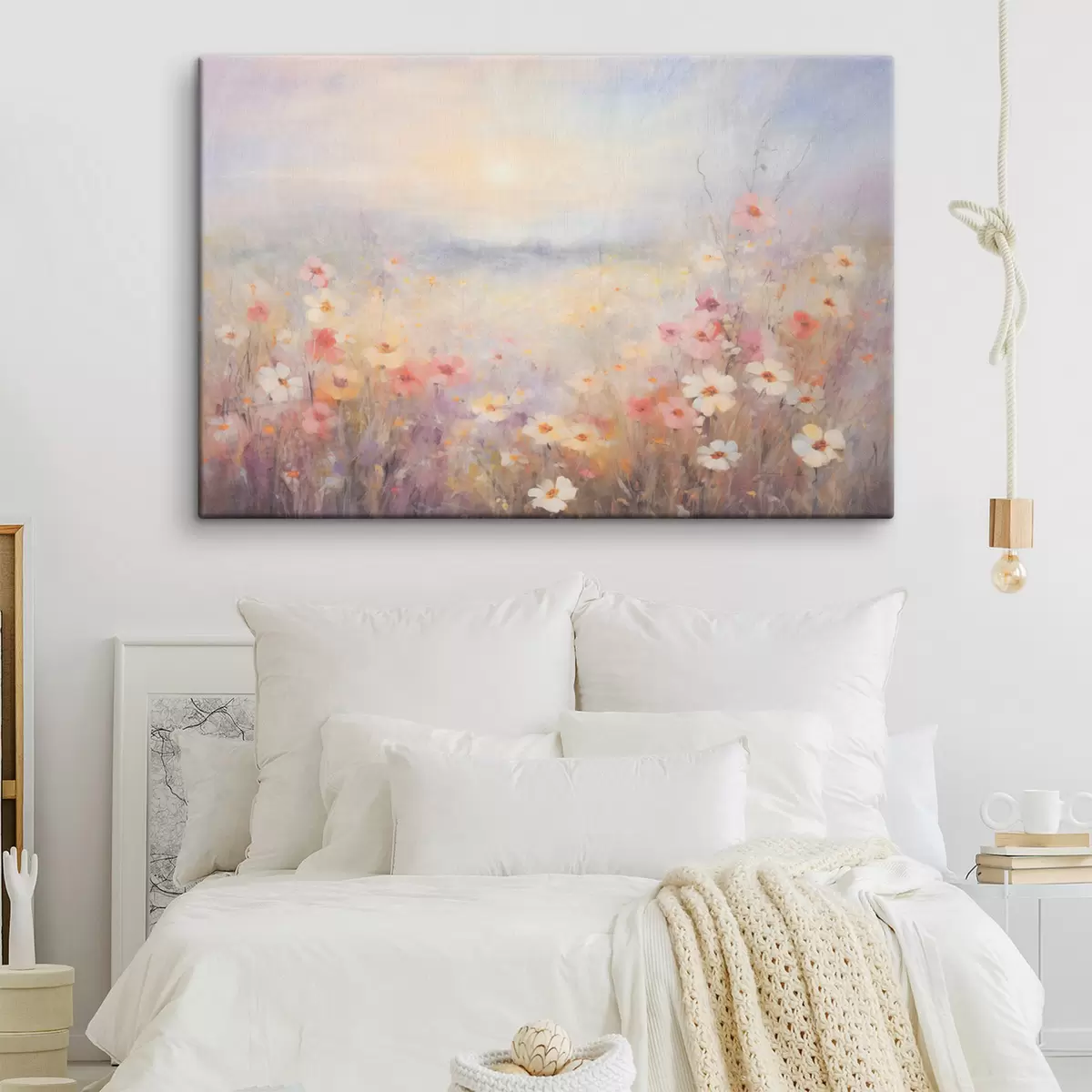Glezna Teksturēta saulaina puķu lauka ainava, maigas pasteļkrāsas, sapņaina atmosfēra s44408