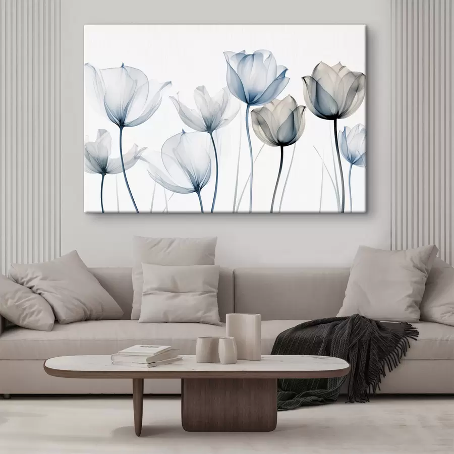 Glezna Caurspīdīgas zilas un baltas tulpes ar gariem kātiņiem uz vienkārša balta fona s44409