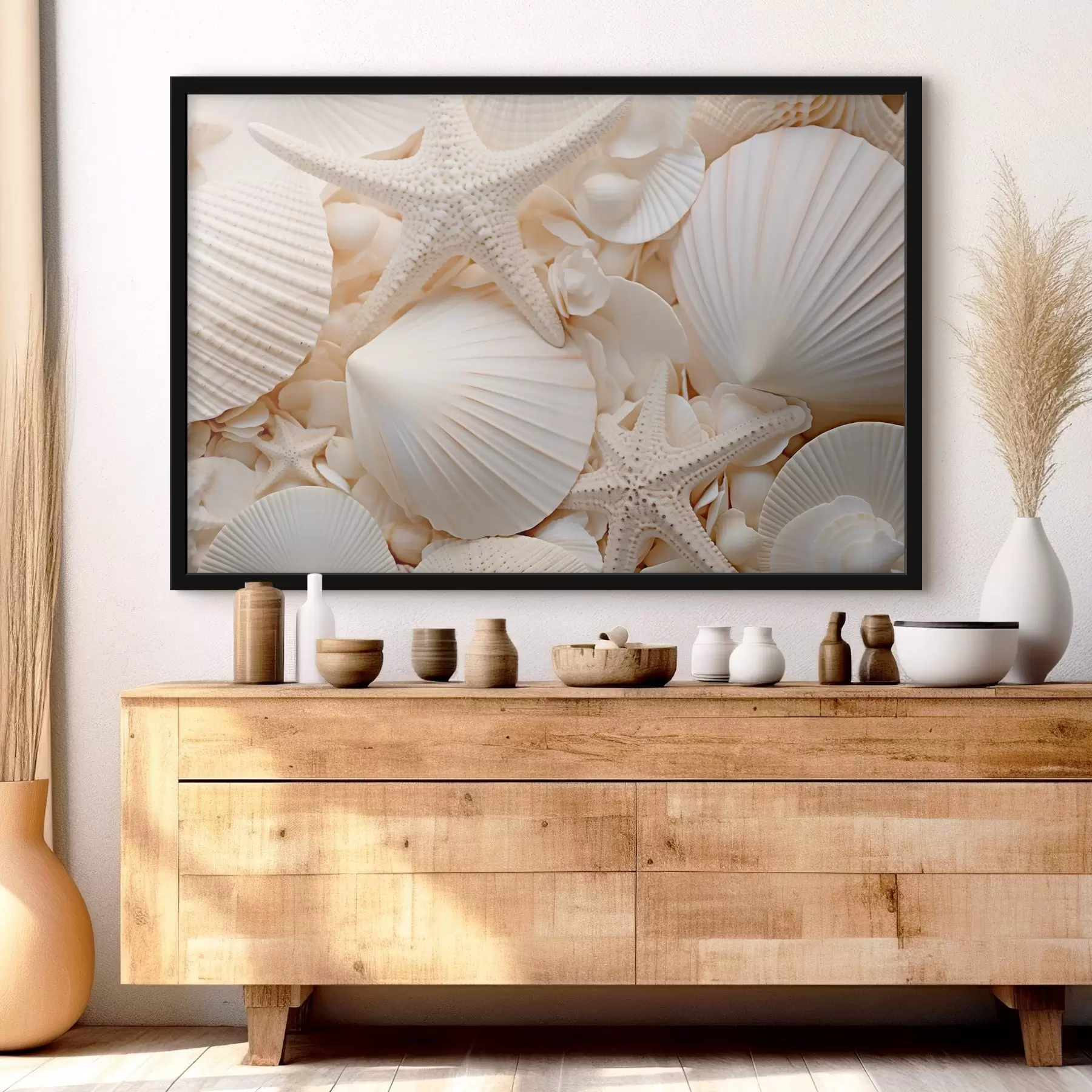 Glezna Dekoratīvas baltas gliemežvāki un jūraszvaigznes, kas veido fakturētu vienkrāsainu kompozīciju f44392