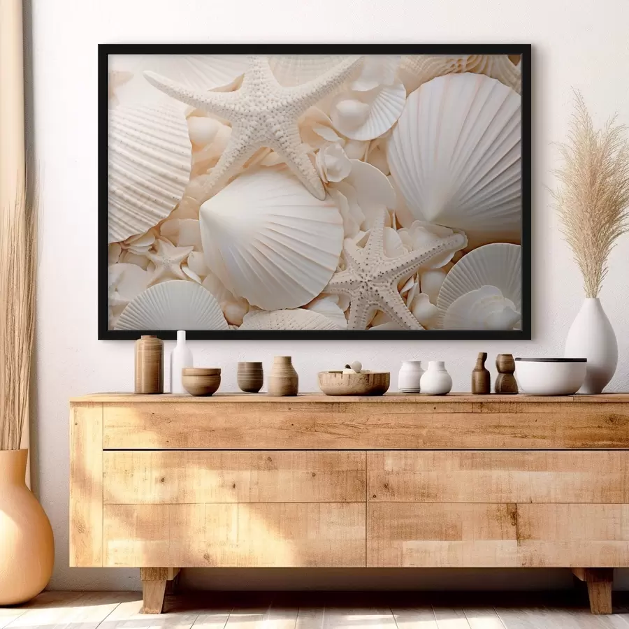 Fototapetes Dekoratīvas baltas gliemežvāki un jūraszvaigznes, kas veido fakturētu vienkrāsainu kompozīciju f44392