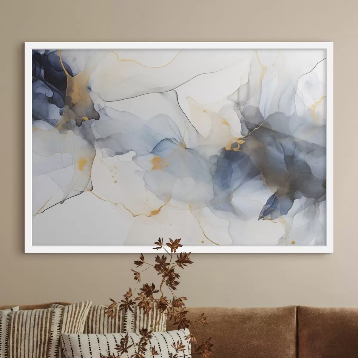 Plakāts Abstraktā glezniecība ar zilu tušu, šķidras un organiskas formas, maigas faktūras uz balta fona f44397