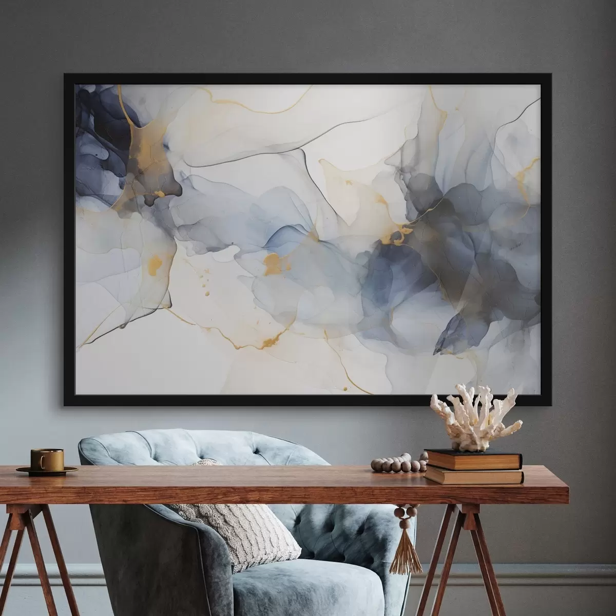 Plakāts Abstraktā glezniecība ar zilu tušu, šķidras un organiskas formas, maigas faktūras uz balta fona f44397