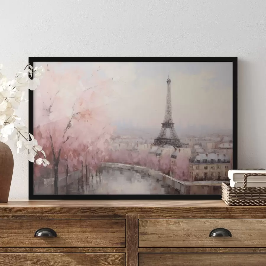 Glezna Eifeļa tornis Parīzē ar pavasarī ziedošiem ķiršu kokiem, maigās pasteļtoņos f44398