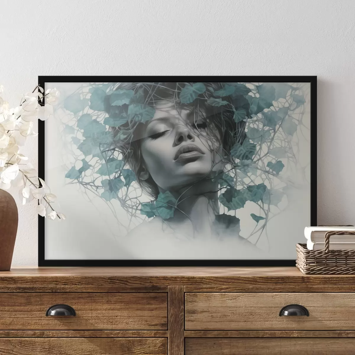 Plakāts Sievietes portrets ar aizvērtām acīm, zaļu lapu un zaru ieskauts f44399