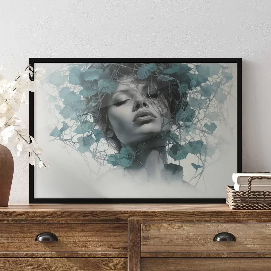 Fototapetes Sievietes portrets ar aizvērtām acīm, zaļu lapu un zaru ieskauts f44399