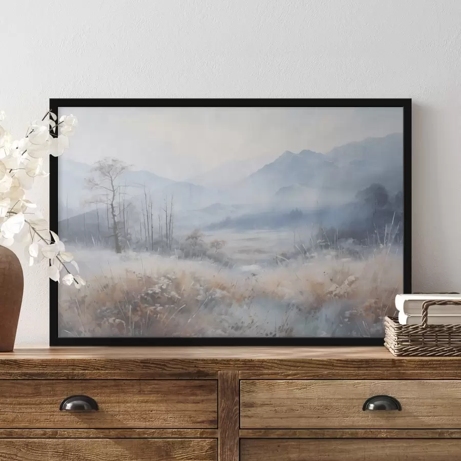 Fototapetes Teksturēta ainava ar kalniem, sausu zāli un mežu, pieklusinātas krāsas f44402