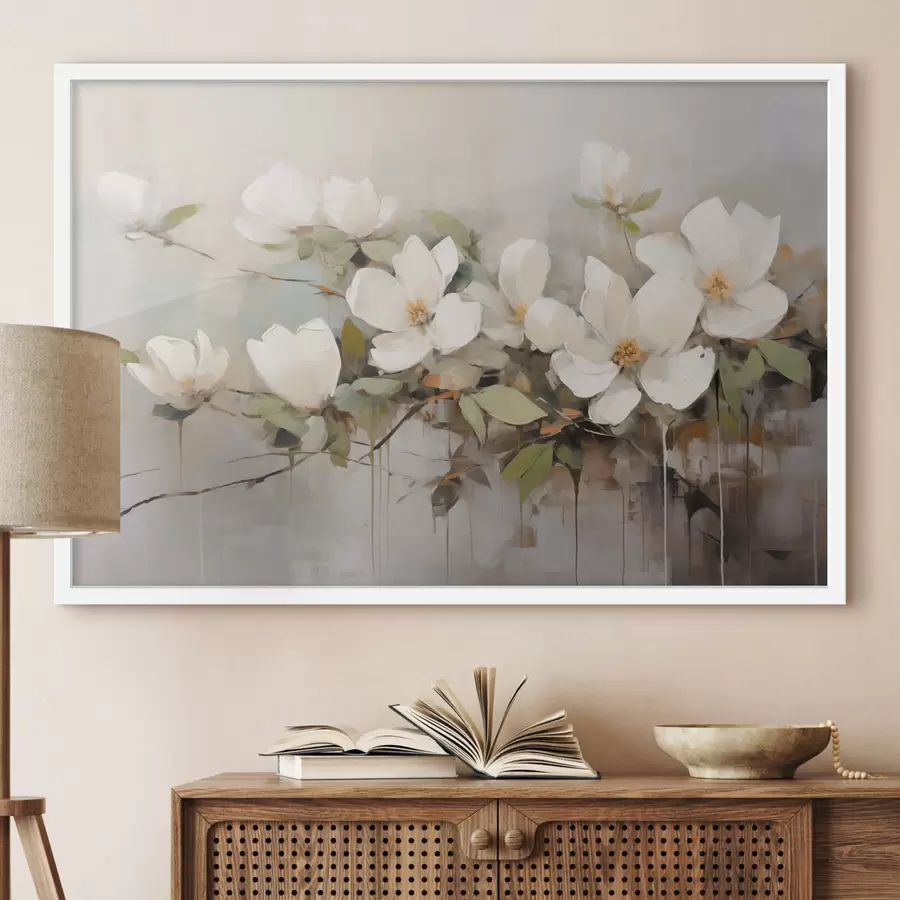 Fototapetes Balti magnolijas ziedi ar zaļām lapām uz zara, maigi triepieni ar otu, pieklusinātas krāsas f44404