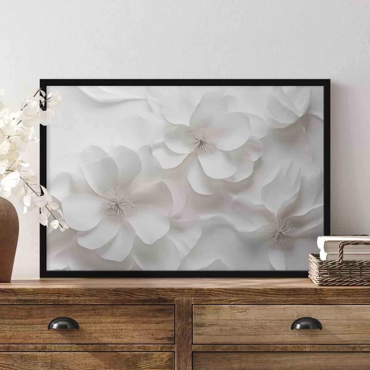 Plakāts Balti dekoratīvi ziedi ar maigām ziedlapiņām un sarežģītiem kociņiem f44406