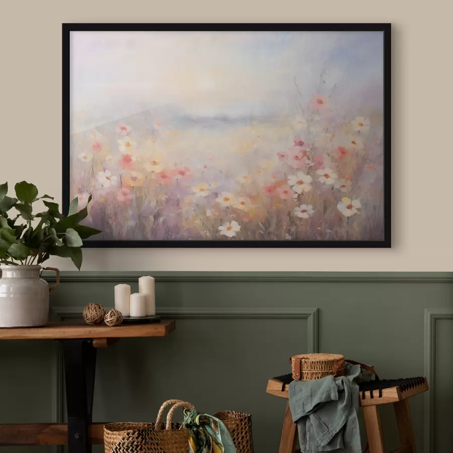 Fototapetes Teksturēta saulaina puķu lauka ainava, maigas pasteļkrāsas, sapņaina atmosfēra f44408