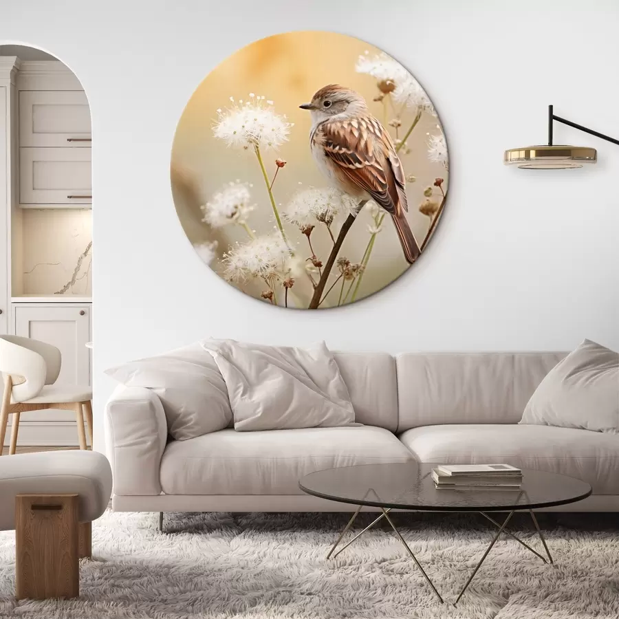 Fototapetes Putns, kas sēž uz zara ar baltiem ziediem, mīksts fokuss, dabas fons r44393