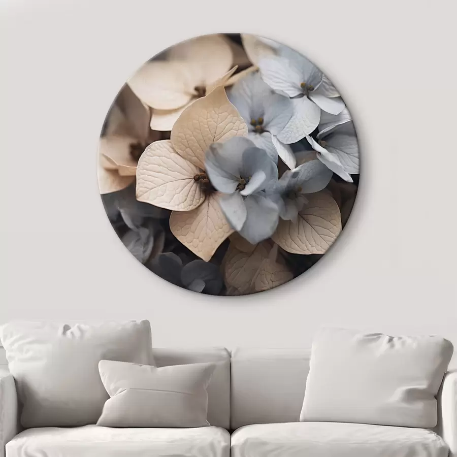 Fototapetes Hortenzijas ziedi, gaiši zilas un bēšas ziedlapiņas, ar detalizētu tekstūru, eleganta ziedu kompozīcija r44394