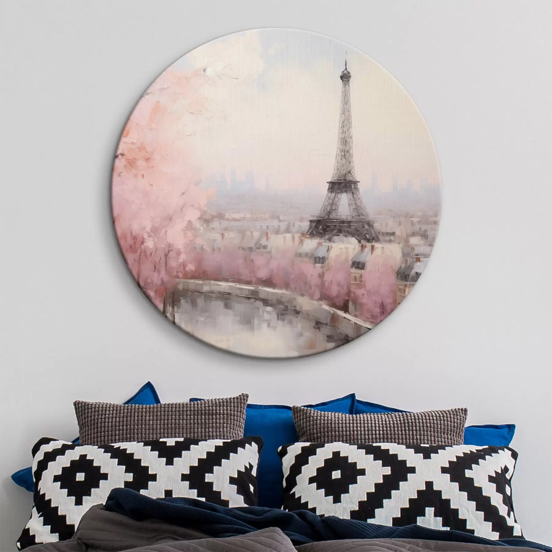 Glezna Eifeļa tornis Parīzē ar pavasarī ziedošiem ķiršu kokiem, maigās pasteļtoņos r44398