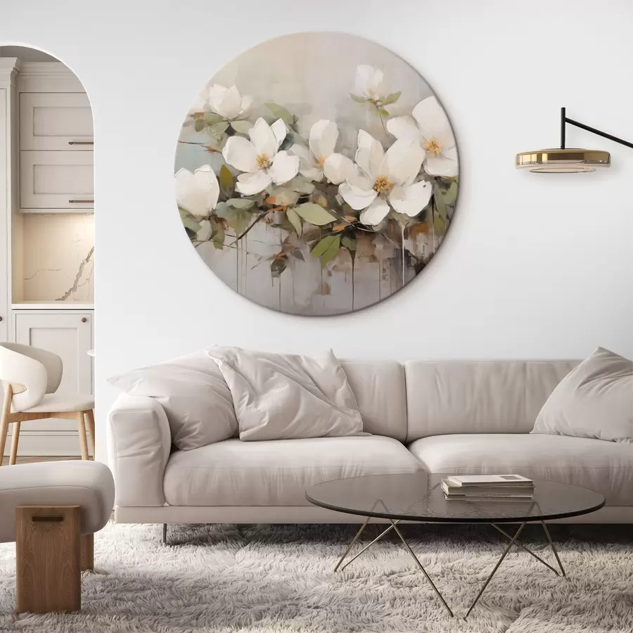 Glezna Balti magnolijas ziedi ar zaļām lapām uz zara, maigi triepieni ar otu, pieklusinātas krāsas r44404