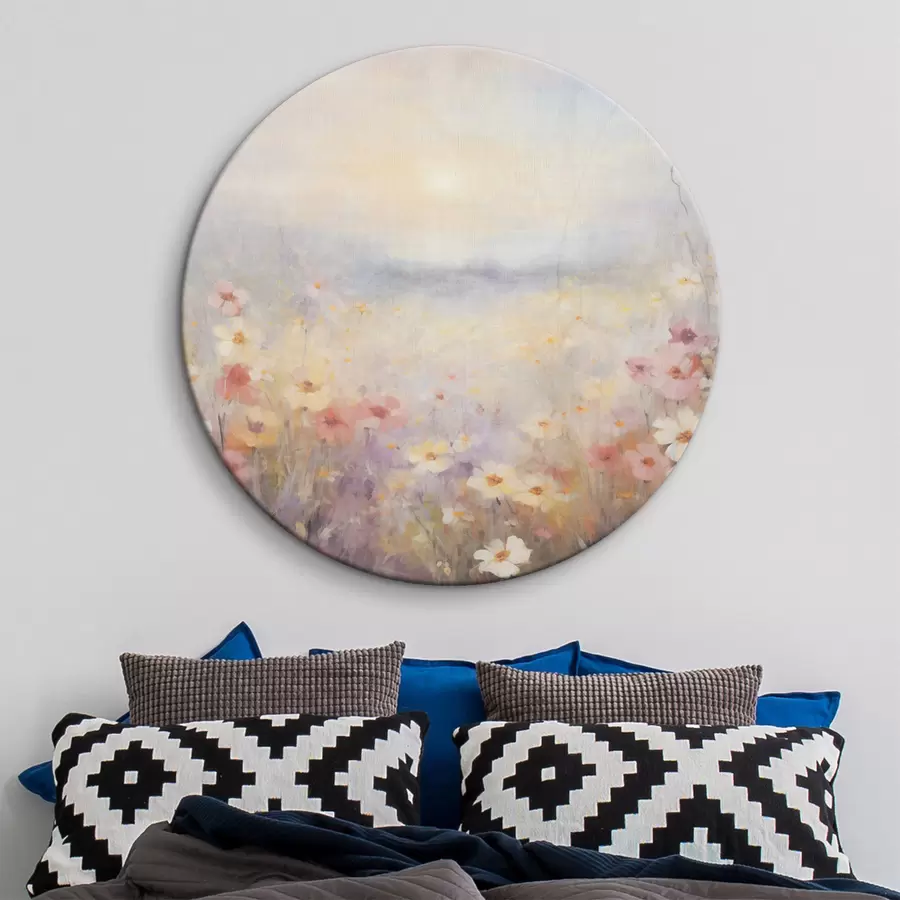 Glezna Teksturēta saulaina puķu lauka ainava, maigas pasteļkrāsas, sapņaina atmosfēra r44408