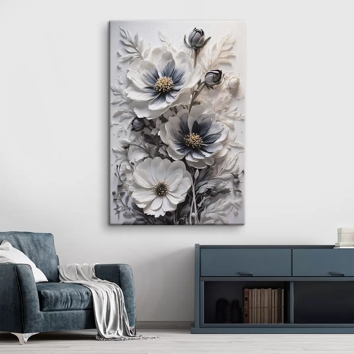 Glezna Melni un balti ziedi uz balta fona s44446