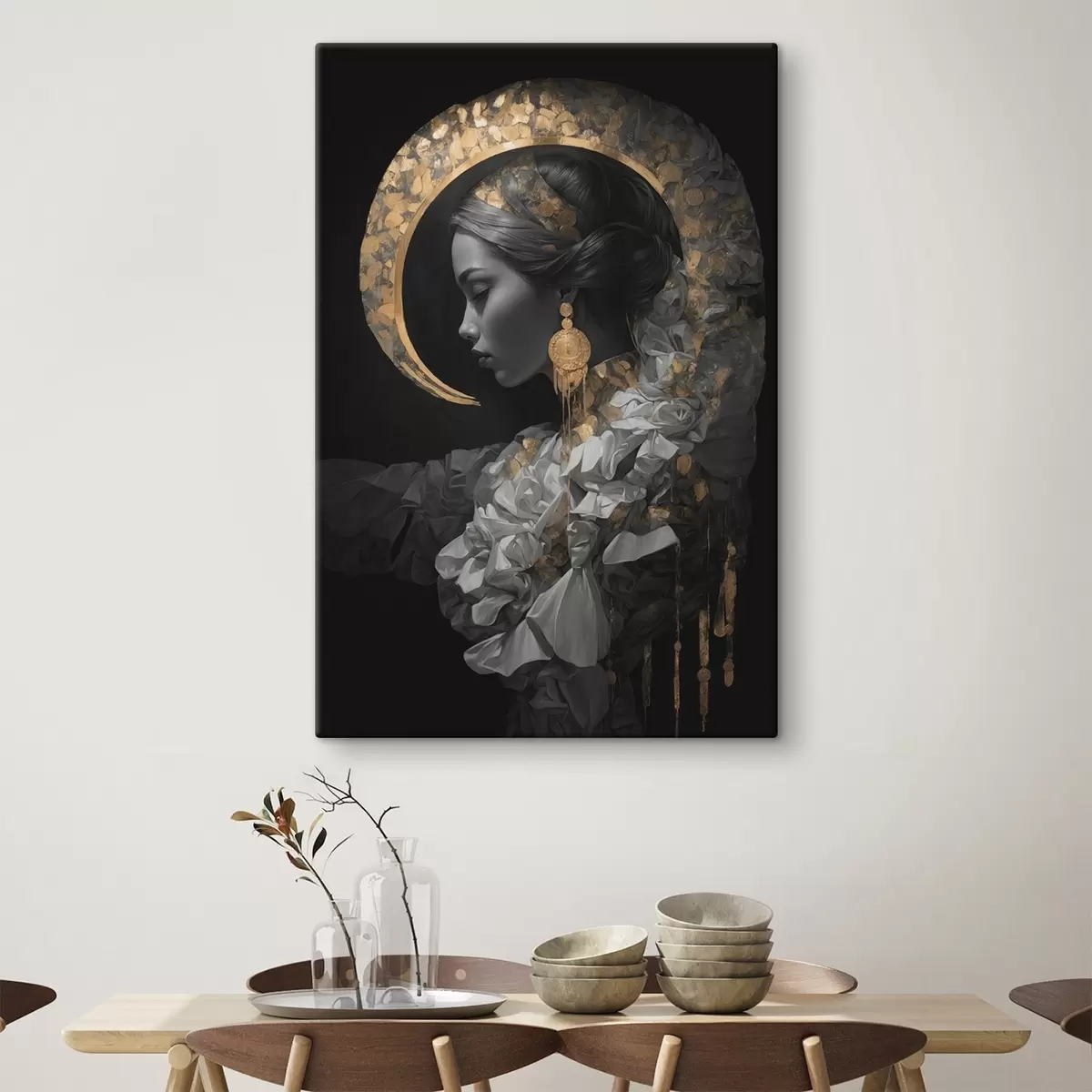 Glezna Meitene un dzeltens pusmēness uz melna fona s44449