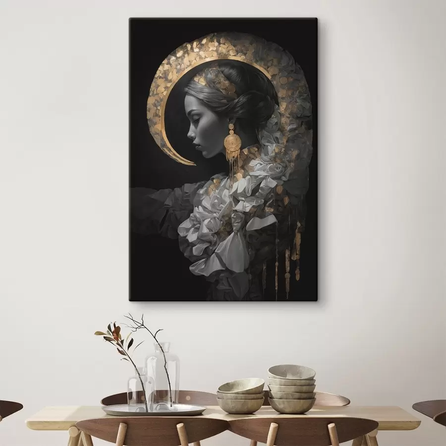 Glezna Meitene un dzeltens pusmēness uz melna fona s44449