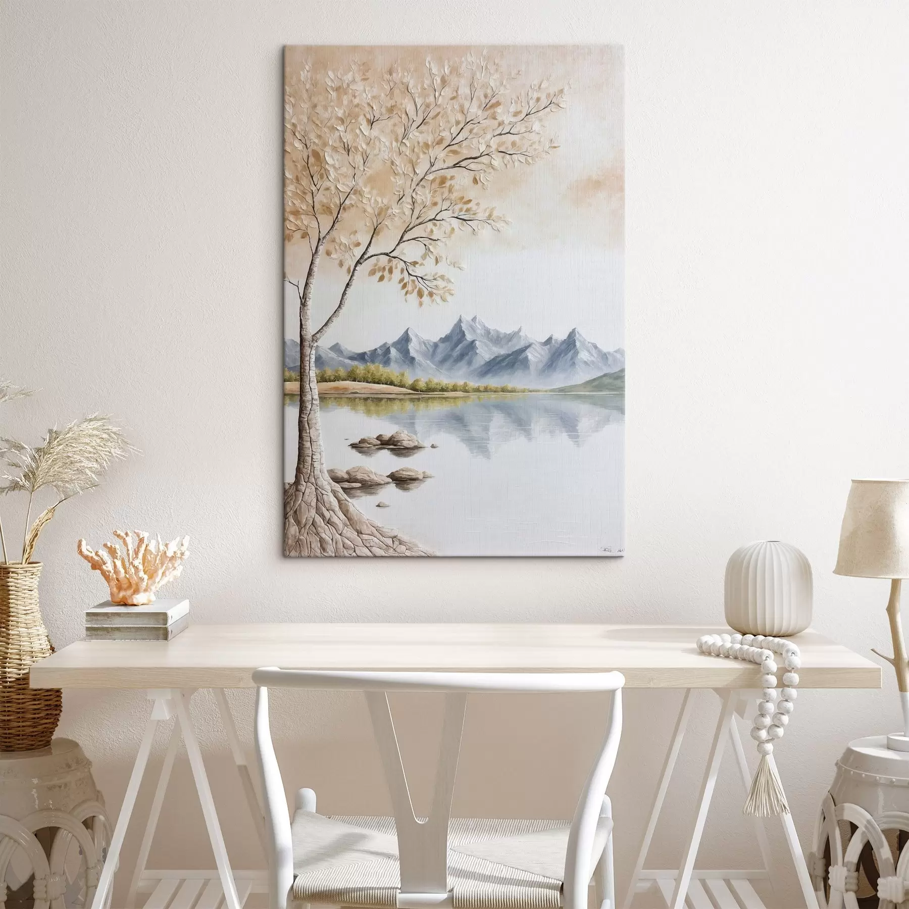 Fototapetes Koks uz ezera un sniegotu kalnu fona s44459