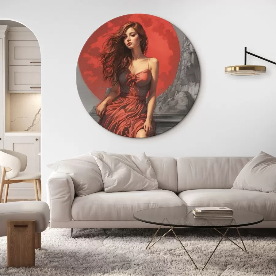 Glezna Meitene uz sarkana mēness fona r44448