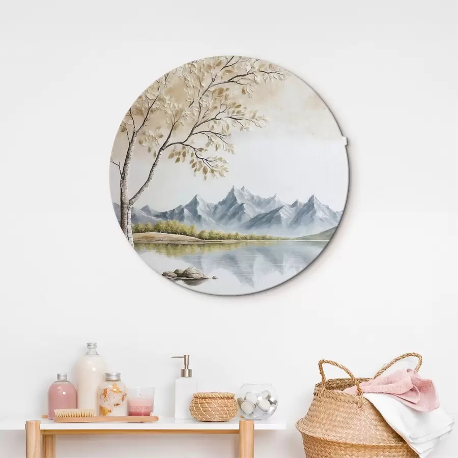 Glezna Koks uz ezera un sniegotu kalnu fona r44459