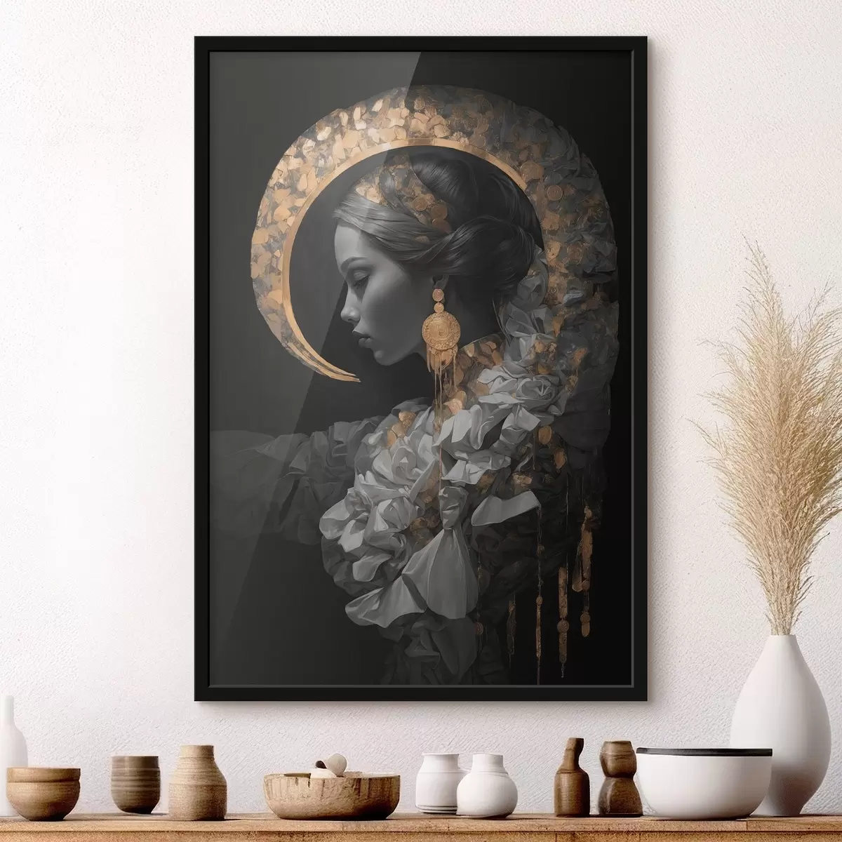 Plakāts Meitene un dzeltens pusmēness uz melna fona f44449