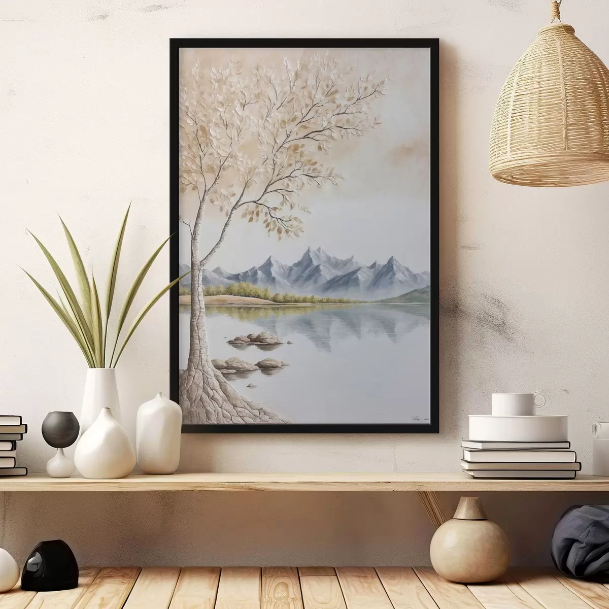 Plakāts Koks uz ezera un sniegotu kalnu fona f44459