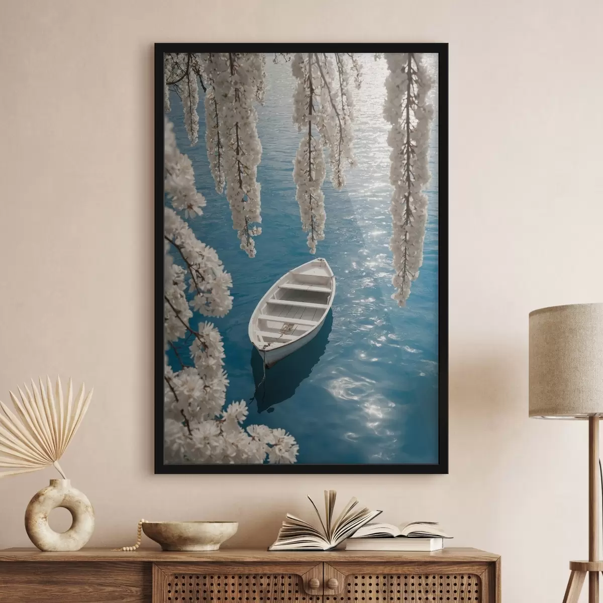 Plakāts Balta laiva zem koka f44482