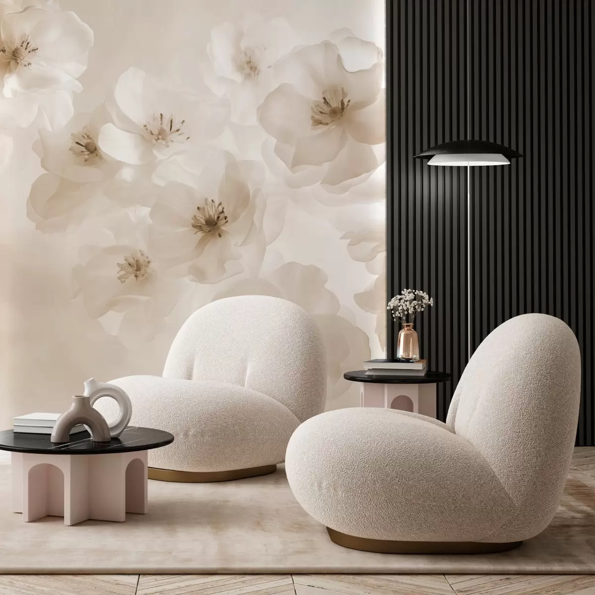 Fototapetes Smalki lieli ziedi, smilškrāsas toņos w03931v2