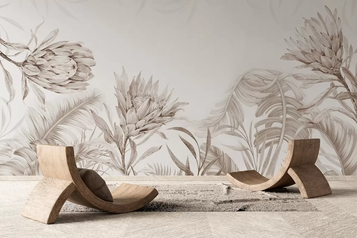 Fototapetes Proteja starp tropu lapām, smilškrāsas toņos w03952