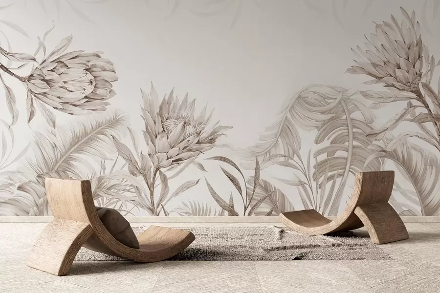 Fototapetes Proteja starp tropu lapām, smilškrāsas toņos w03952