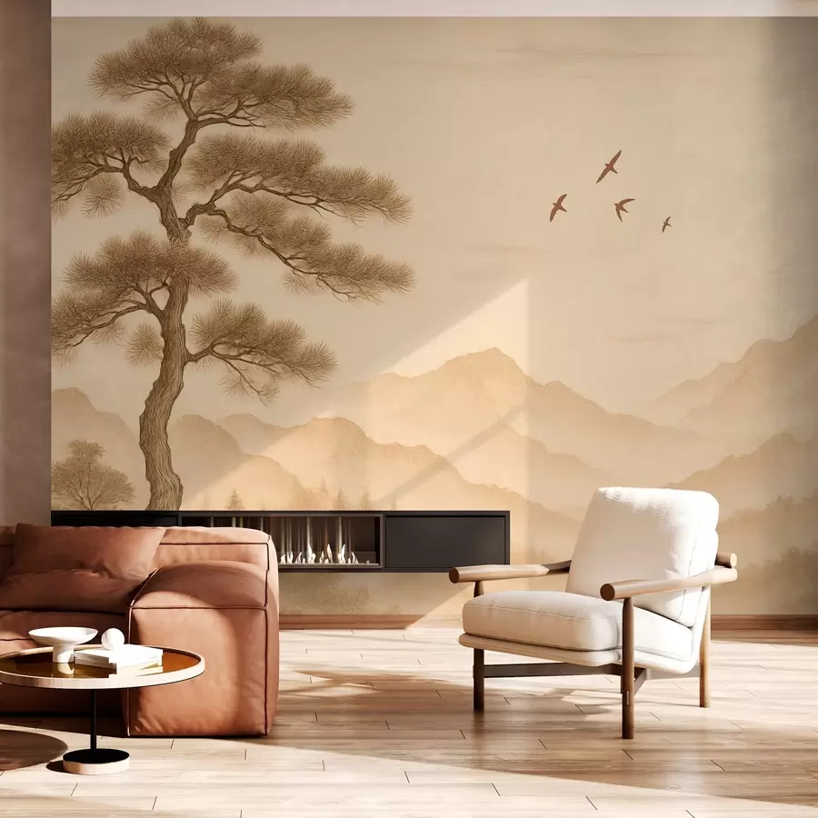 Fototapetes kalnu panorāma ar lielu koku sepijas stilā w04033