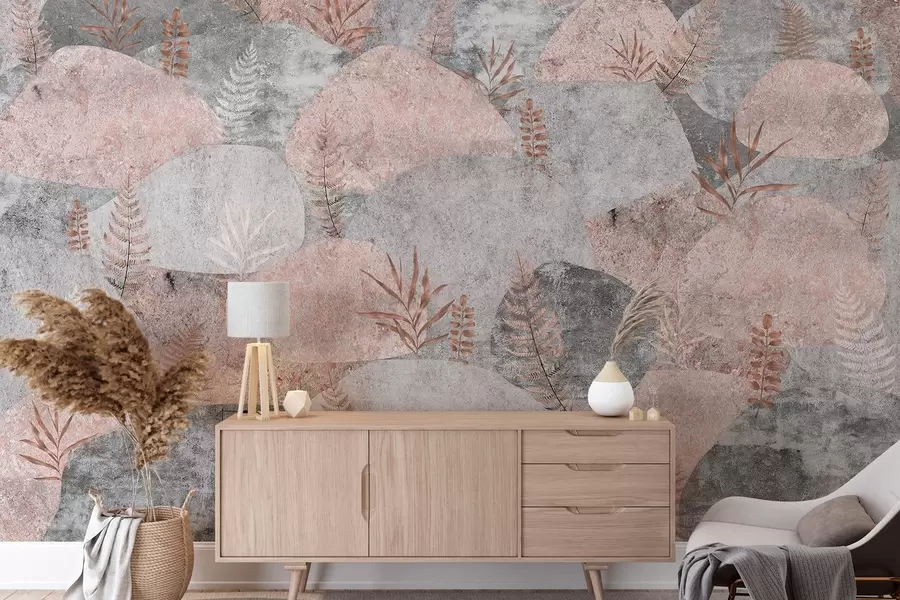 Fototapetes Akmeņi ar augiem, papardes, ziemeļu, lauku stilā, pelēkā un rozā krāsās w04064v1