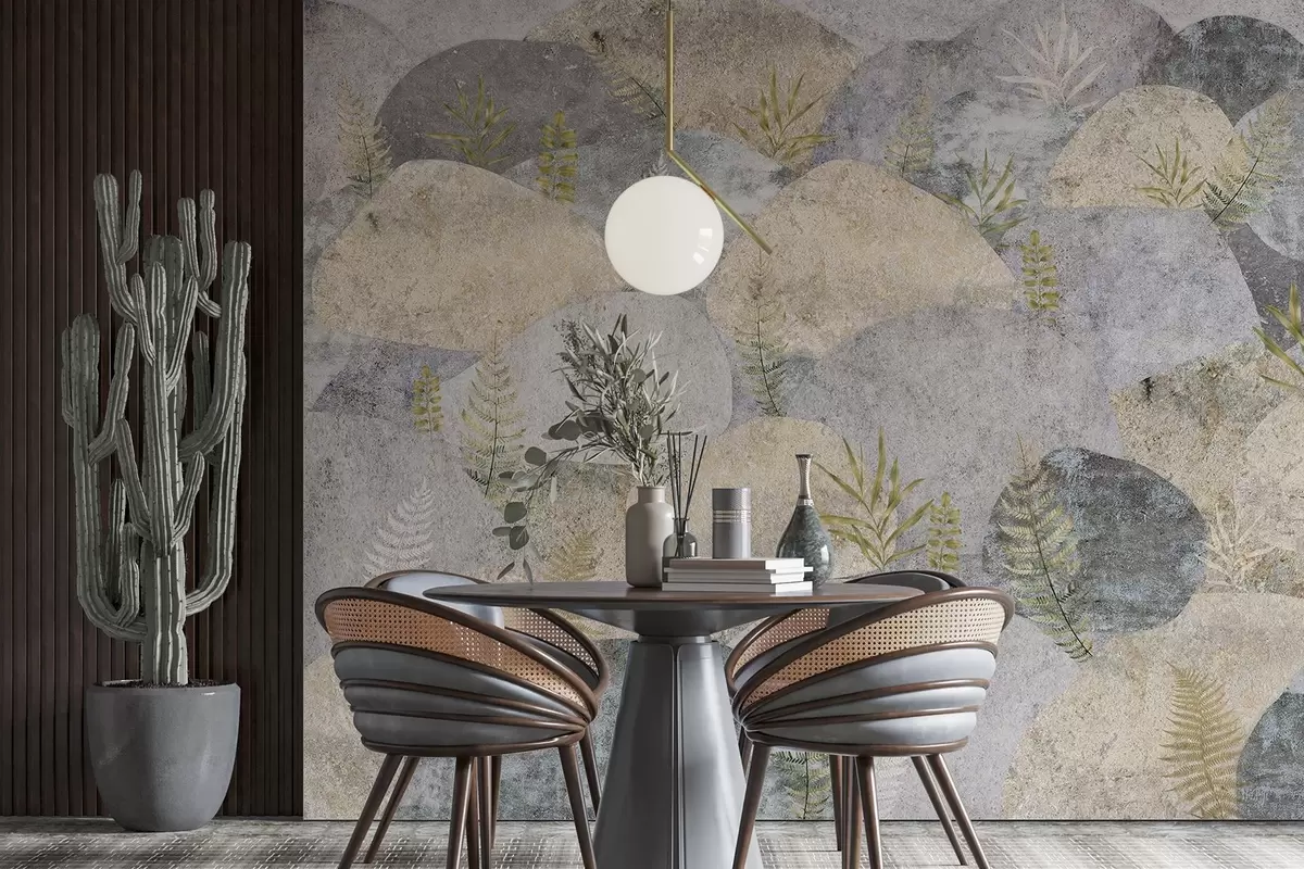 Fototapetes Akmeņi ar augiem, papardes, ziemeļu, lauku stilā, pelēkā un smilšu krāsās w04064