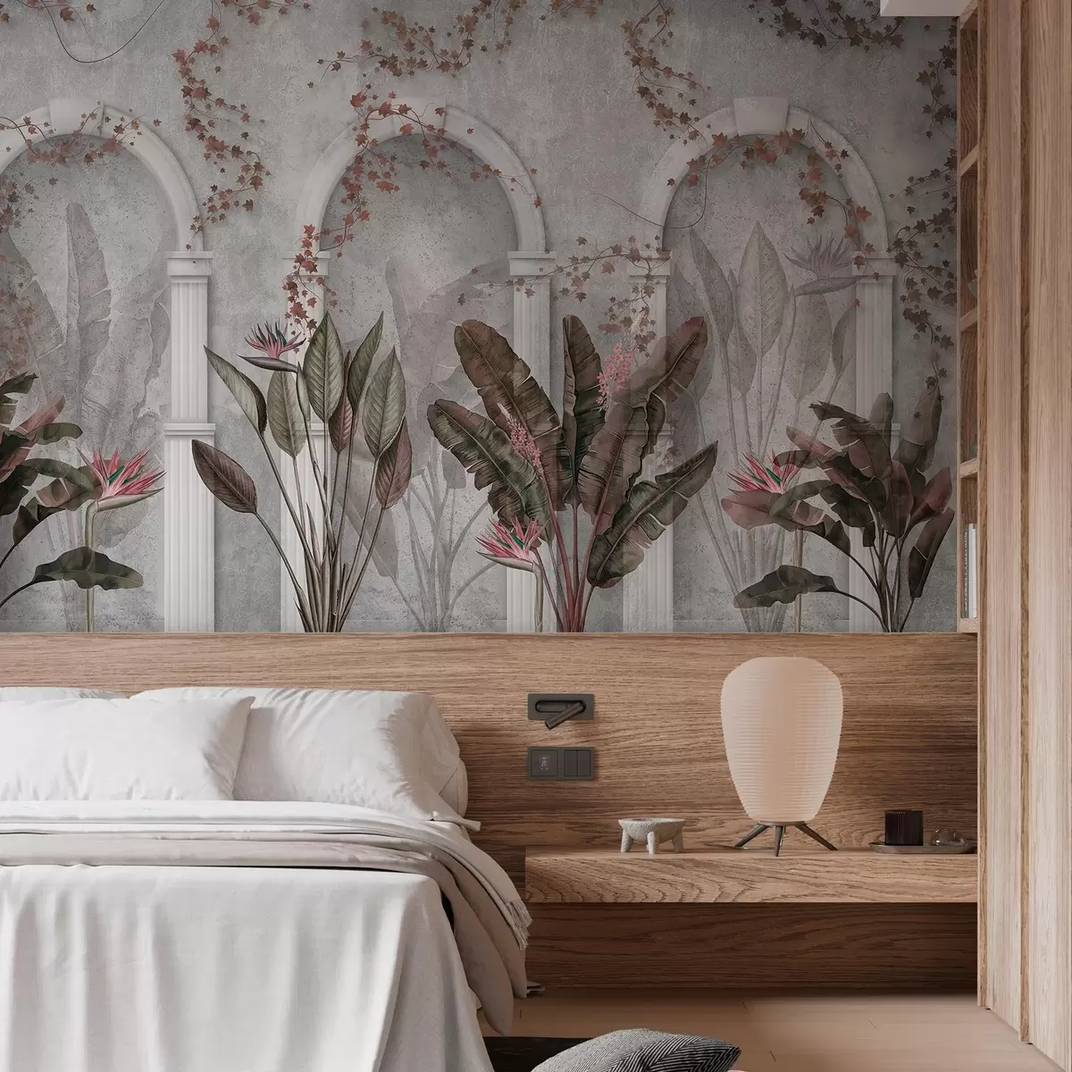 Fototapetes Betona siena ar arkām un tropu augiem, ziedu, bordo krāsas w04065v1