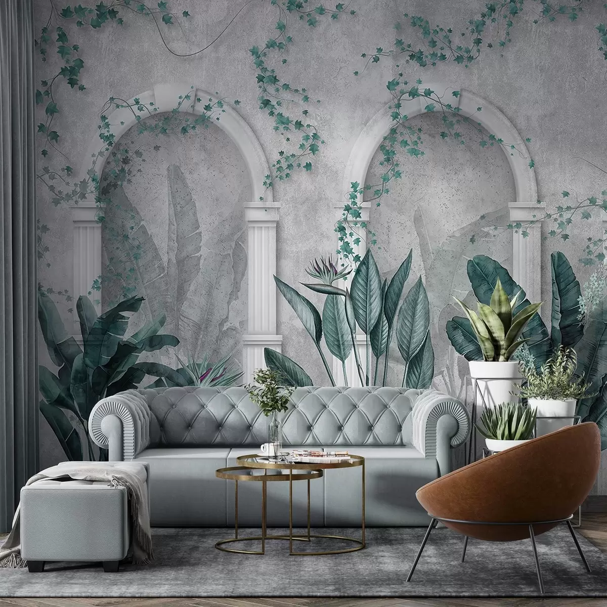 Fototapetes Betona siena ar arkām un tropu augiem, ziedu, zilas krāsas w04065v2