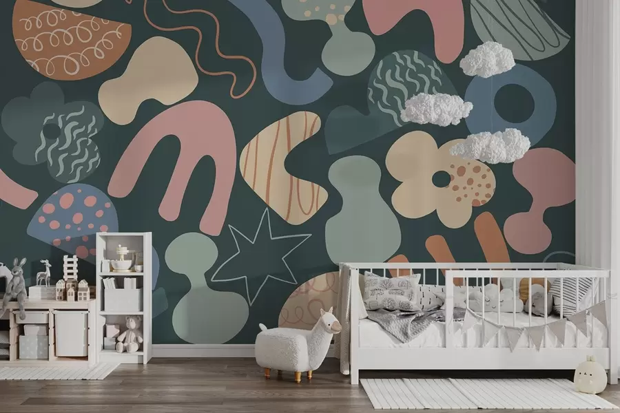 Fototapetes Ģeometriskas figūras ar doodles zīmējumu, nepilngadīgais, tumši zaļš fons   w04068v3