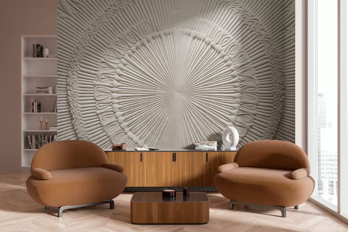 Fototapetes Abstraktā tekstūrveida apļveida apdruka ar radiālām līnijām un dekoratīviem elementiem, simetrisks dizains, reljefa tekstūra w09154