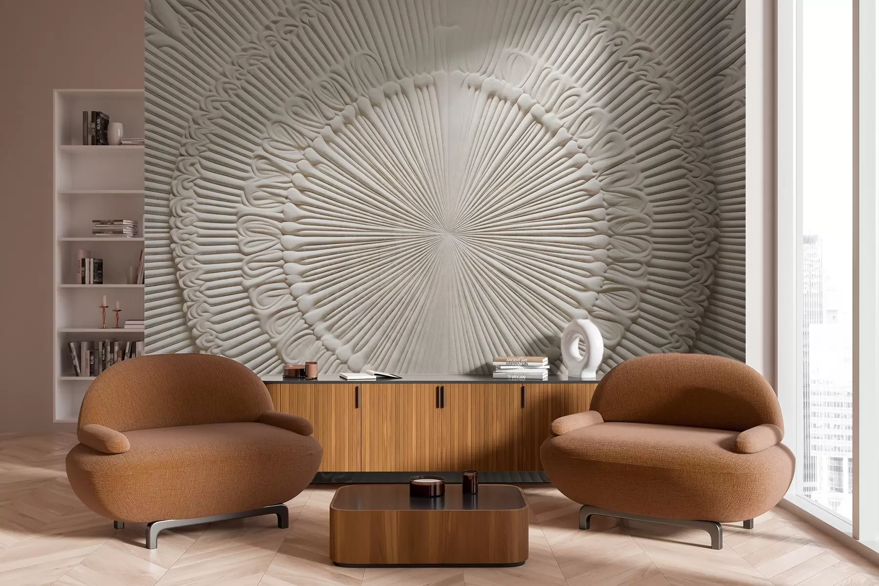 Fototapetes Abstraktā tekstūrveida apļveida apdruka ar radiālām līnijām un dekoratīviem elementiem, simetrisks dizains, reljefa tekstūra w09154