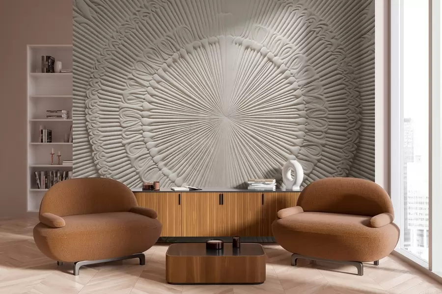 Fototapetes Abstraktā tekstūrveida apļveida apdruka ar radiālām līnijām un dekoratīviem elementiem, simetrisks dizains, reljefa tekstūra w09154