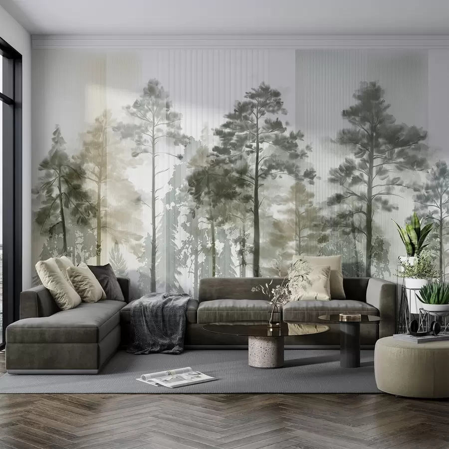 Glezna Blīvs mežs ar augstām priedēm, sulīgi zaļa lapotne, miglaina atmosfēra ar vertikālu līniju tekstūru w09163