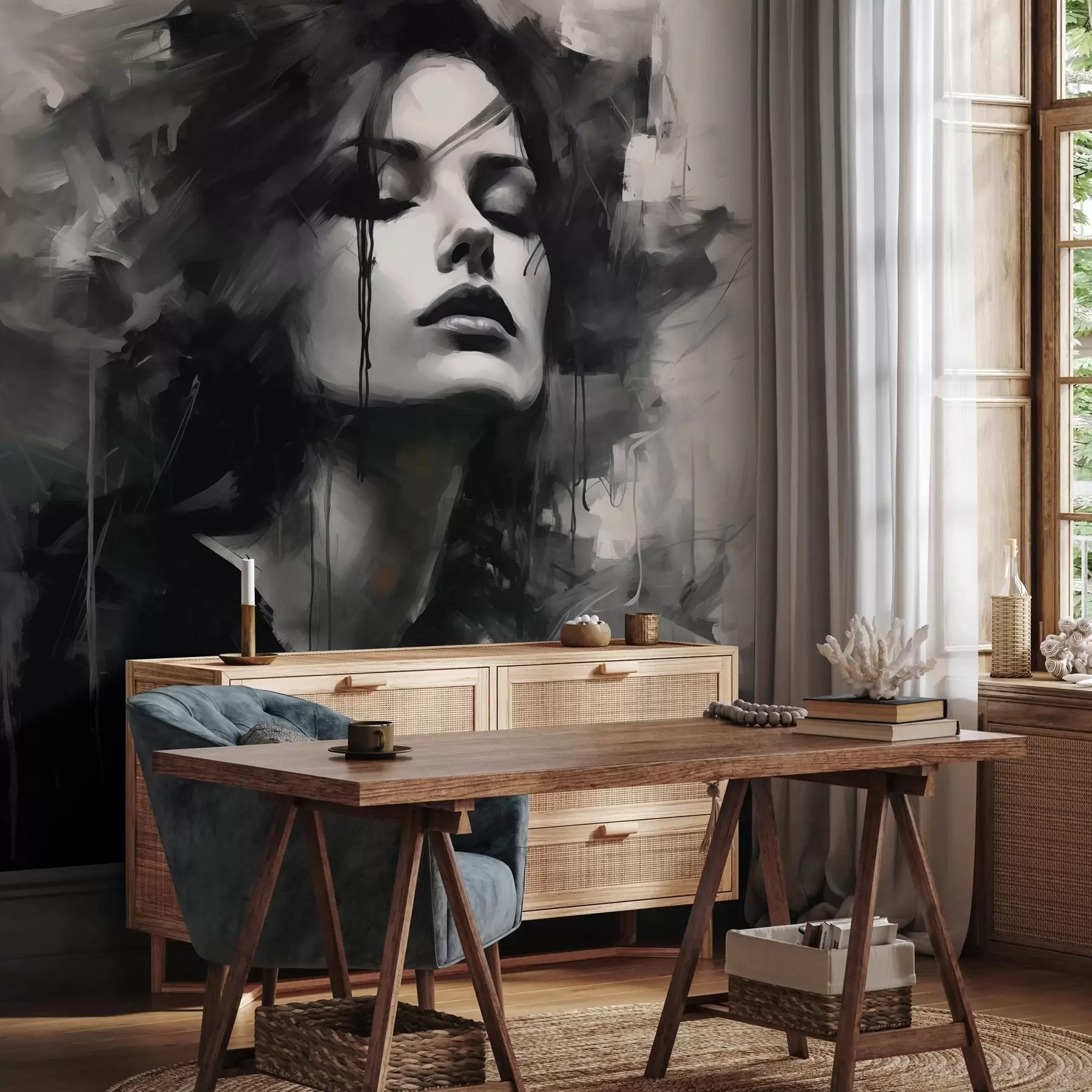 Fototapetes Sievietes portrets pelēkā un melnā apģērbā w04049