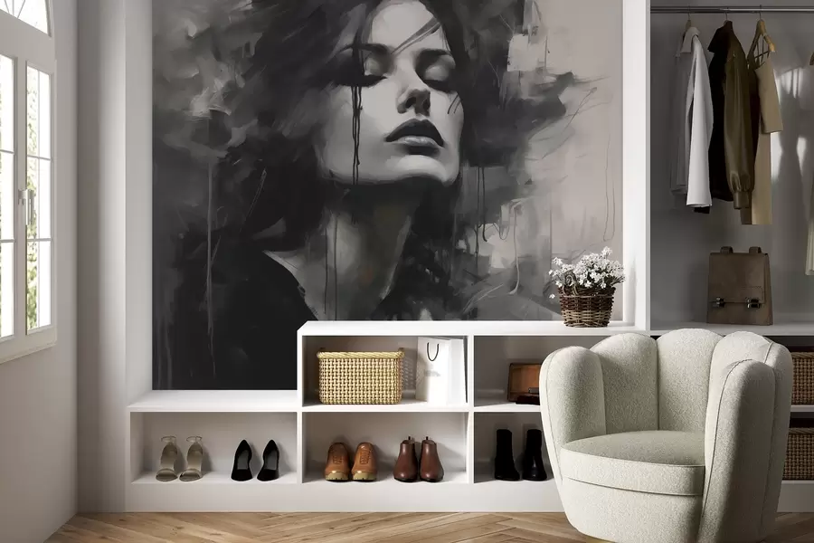 Fototapetes Sievietes portrets pelēkā un melnā apģērbā w04049